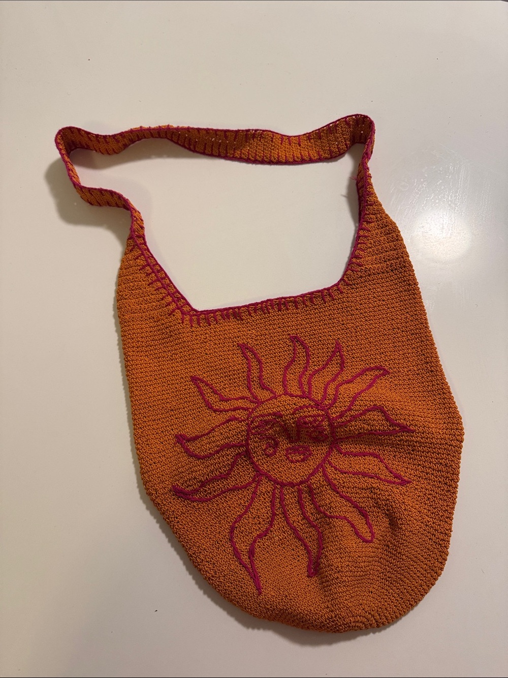 Urban Outfitters Handmade Orange Crochet Sun Tote with Pink Embroidery